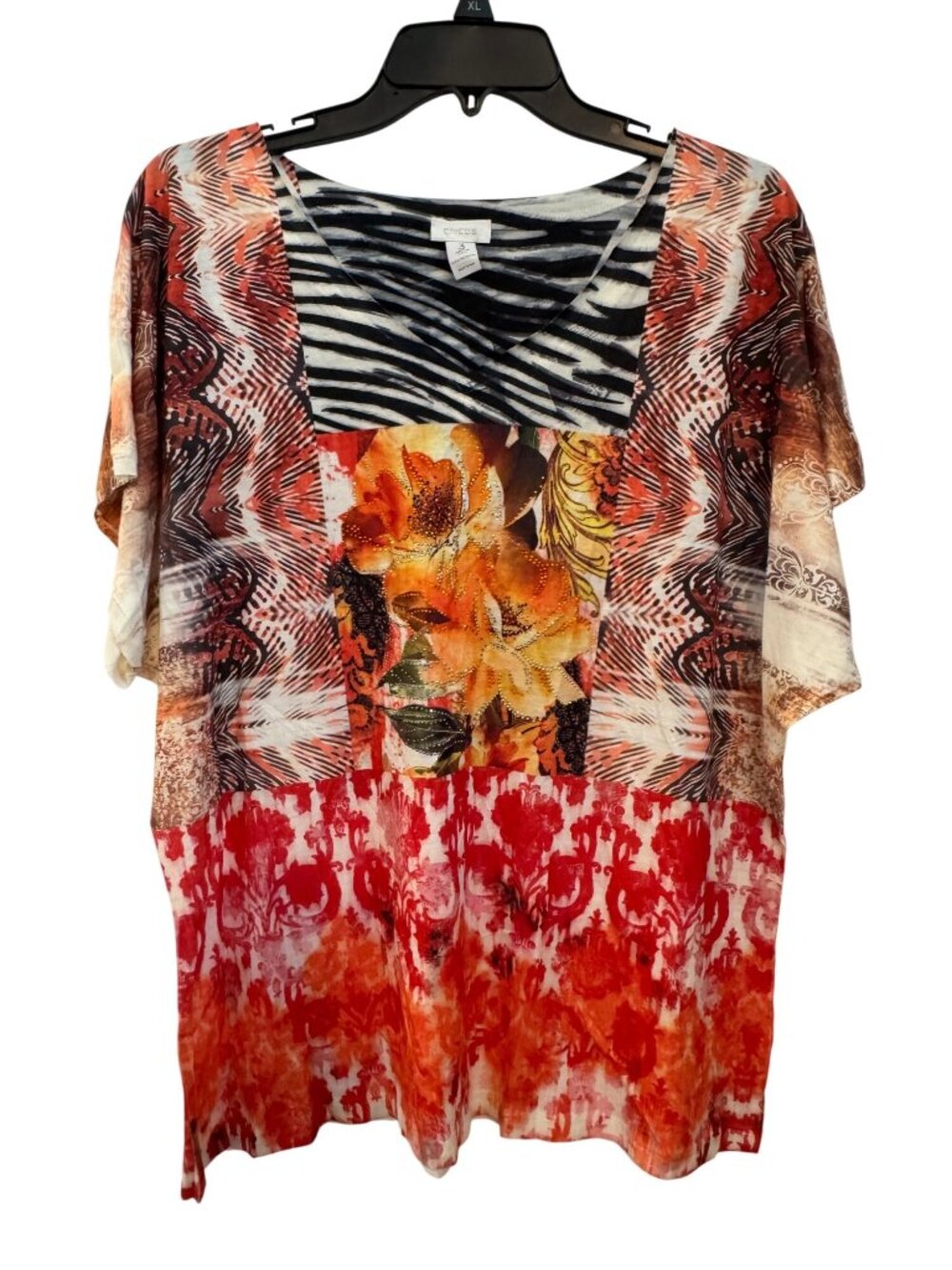 Womens Multicolor Bohemian Tunic Top With Floral & Zebra Print Size XL Lightweig